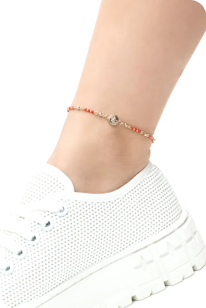 TOBILLERA ESPECIAL EN ORO LAMINADO CON MOSTACILLA Y DIJE EN ORO LAMINADO TIPO SAN BENITO SISTEMA DE AGARRE